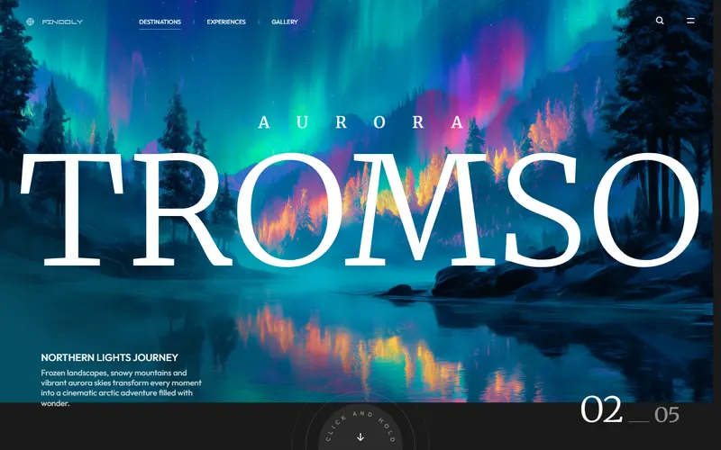 Página inicial do projeto Paradise: aurora boreal sobre um lago e a palavra Tromso