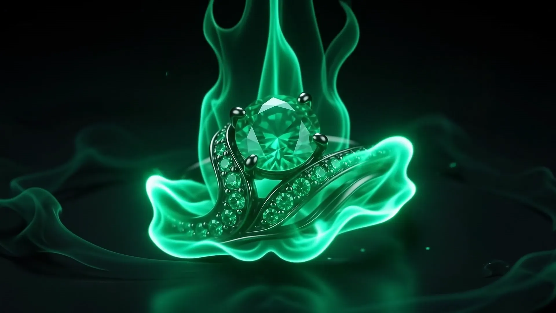 Anel com uma esmeralda, envolvido por chamas verdes
