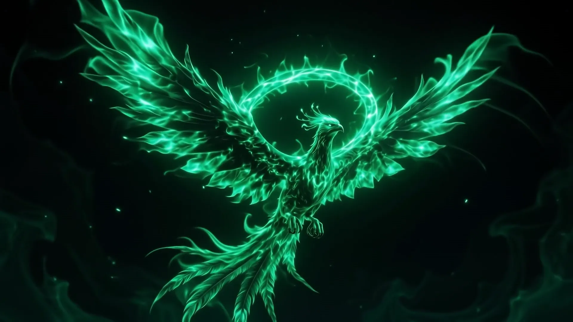 Fênix de fogo esmeralda com as asas abertas e um aro de luz